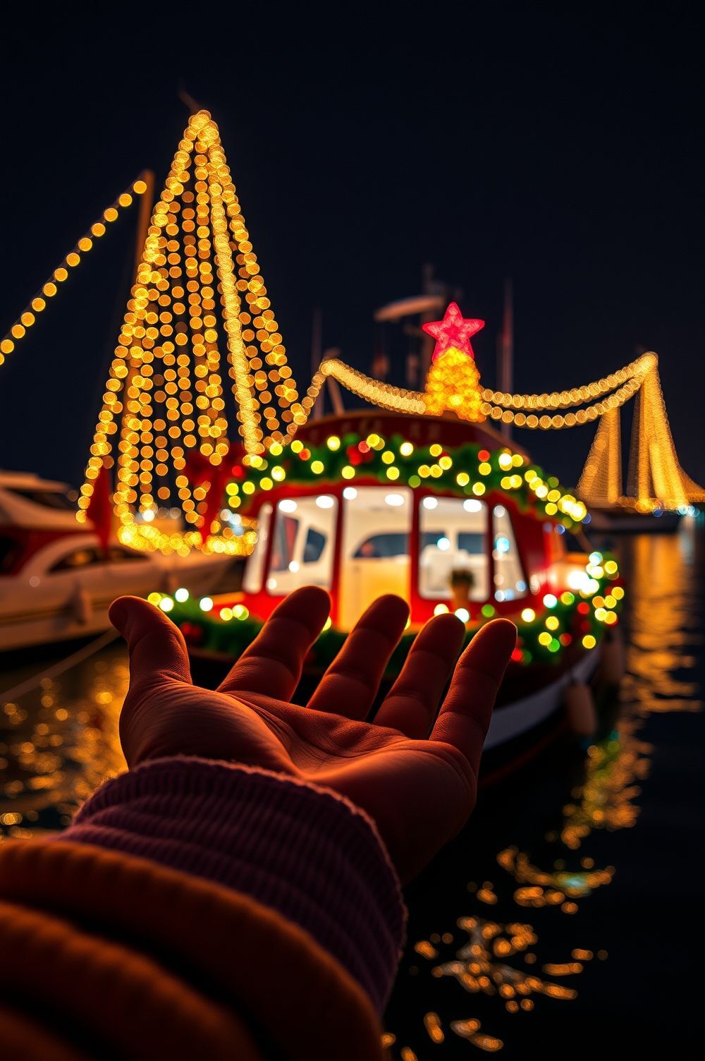 Bright Lights and Festive Colors for Christmas Boat Decorating Ideas
