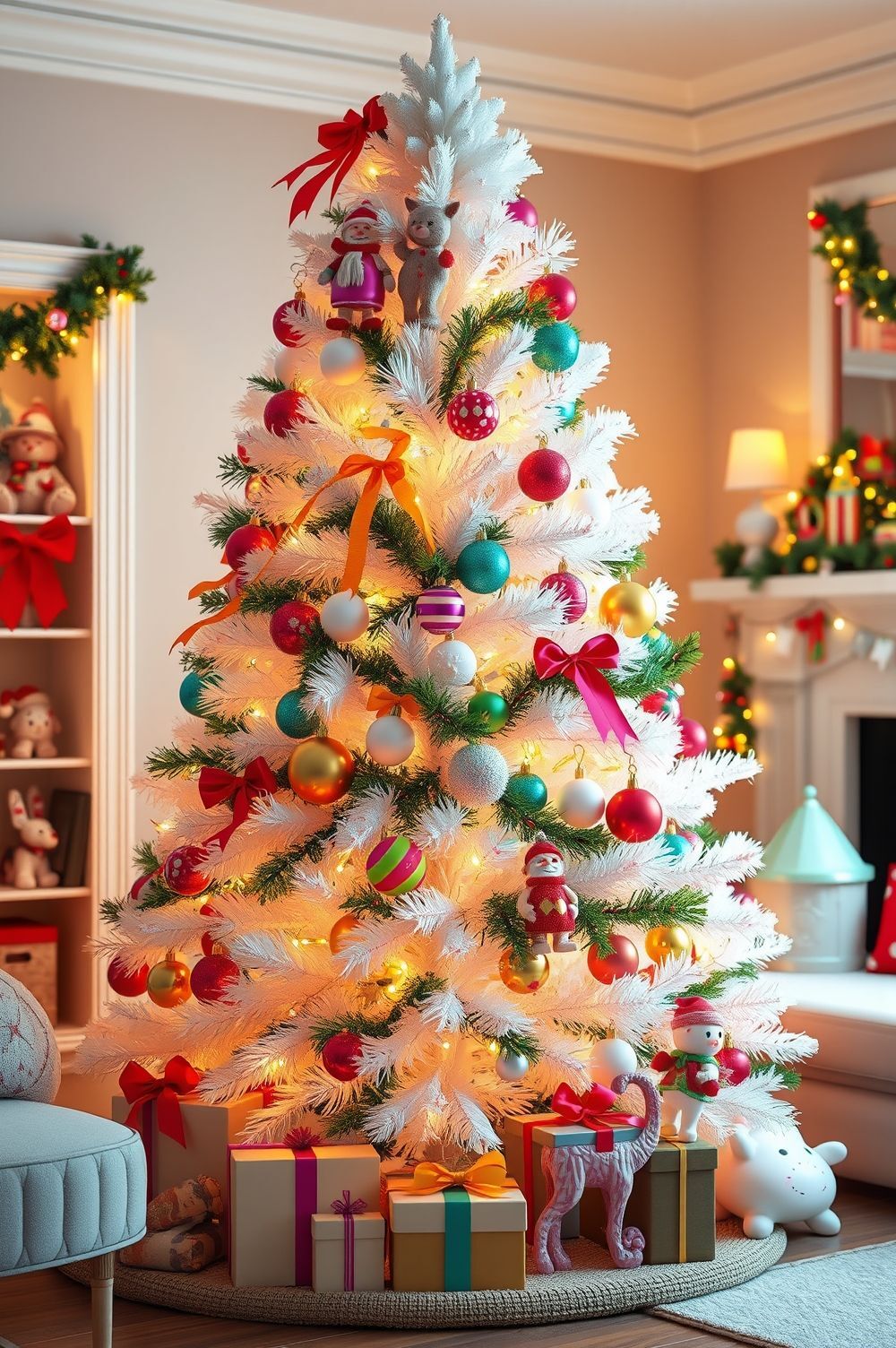 Color Splash: Bright and Bold White Christmas Tree Decorating Ideas