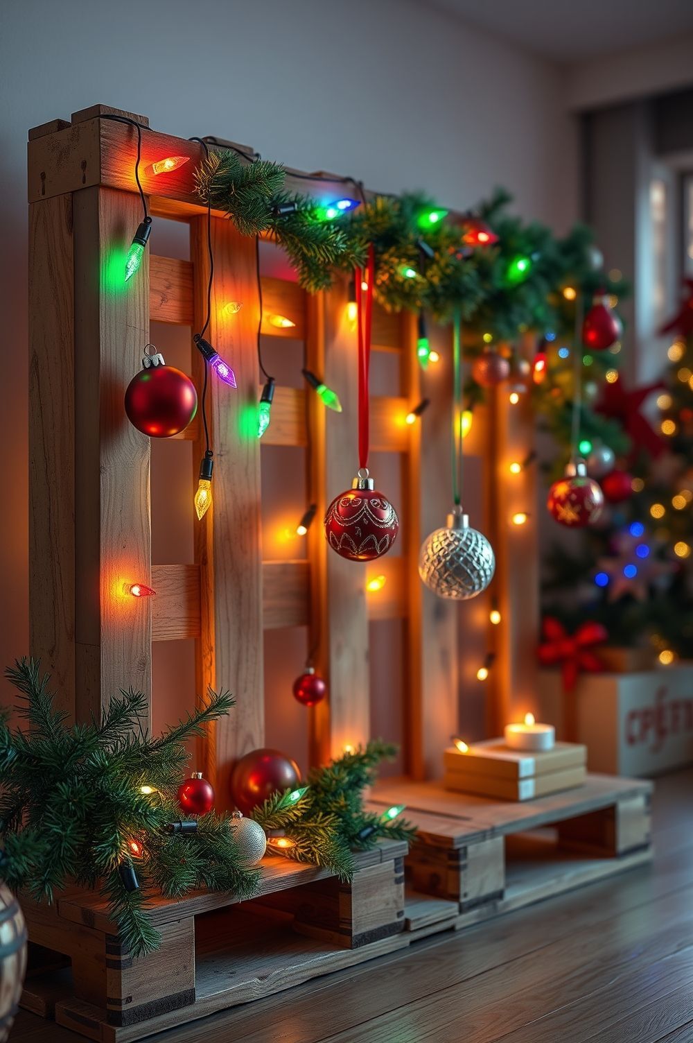 Decorating Pallets with Christmas Lights and Ornaments