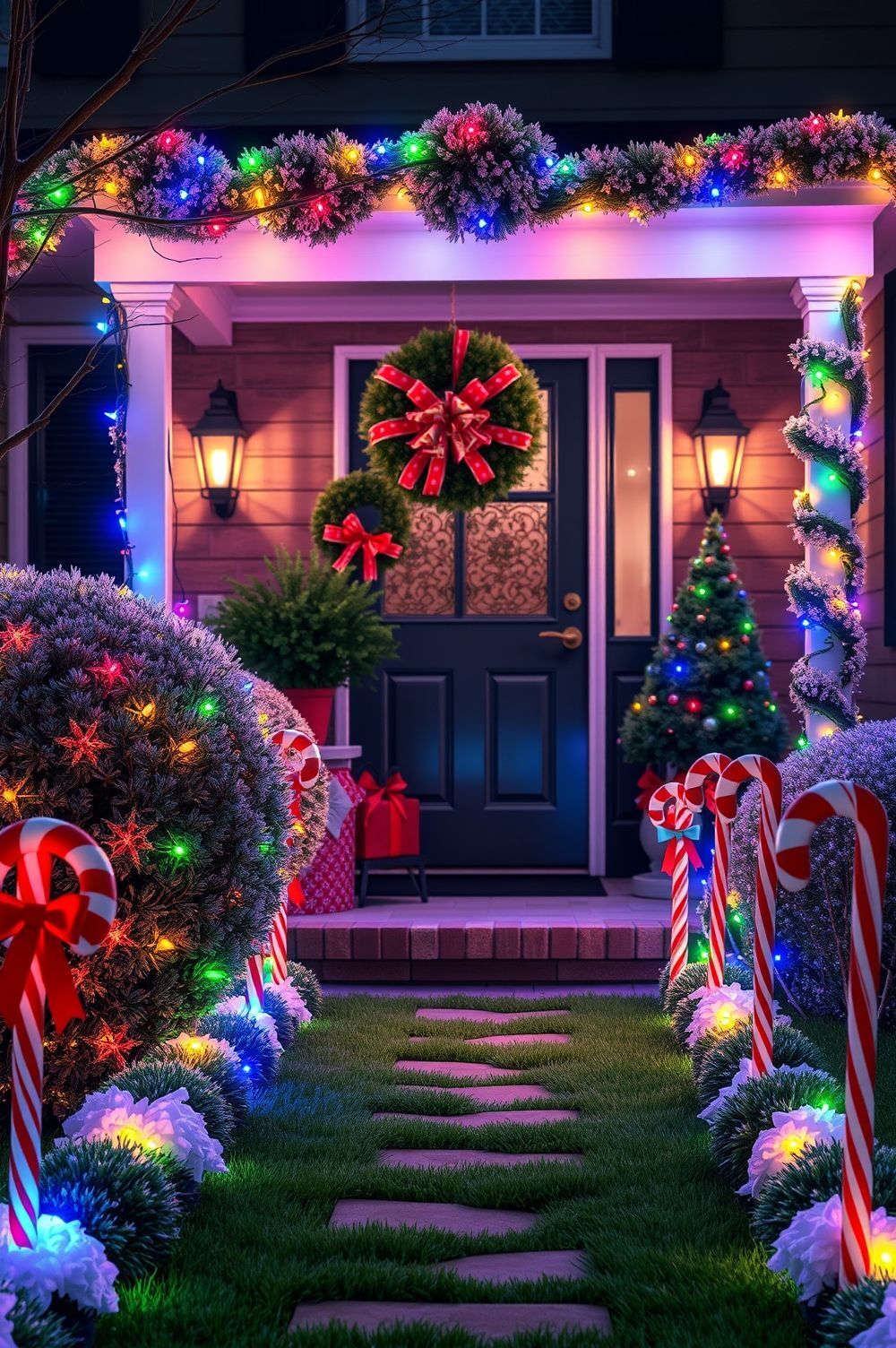 Bright Lights and Colorful Decorations Make a Festive Front Yard
