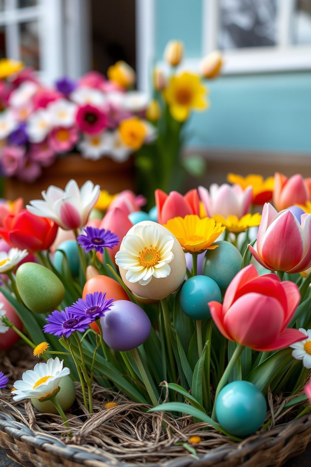 Colorful Spring Flowers and Egg Hunt Displays