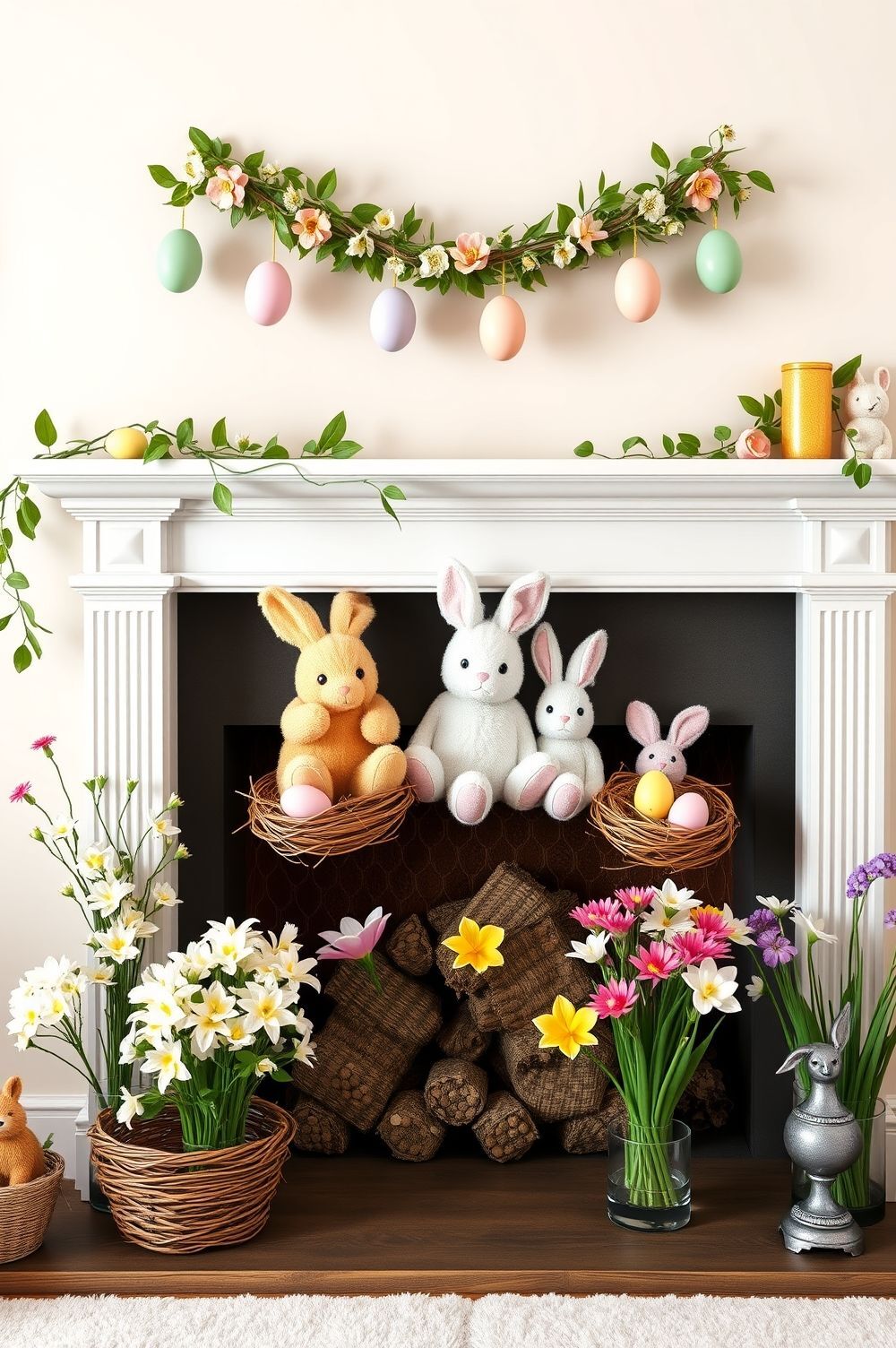 Creative Use of Easter Eggs and Bunnies in Your Fireplace Decor