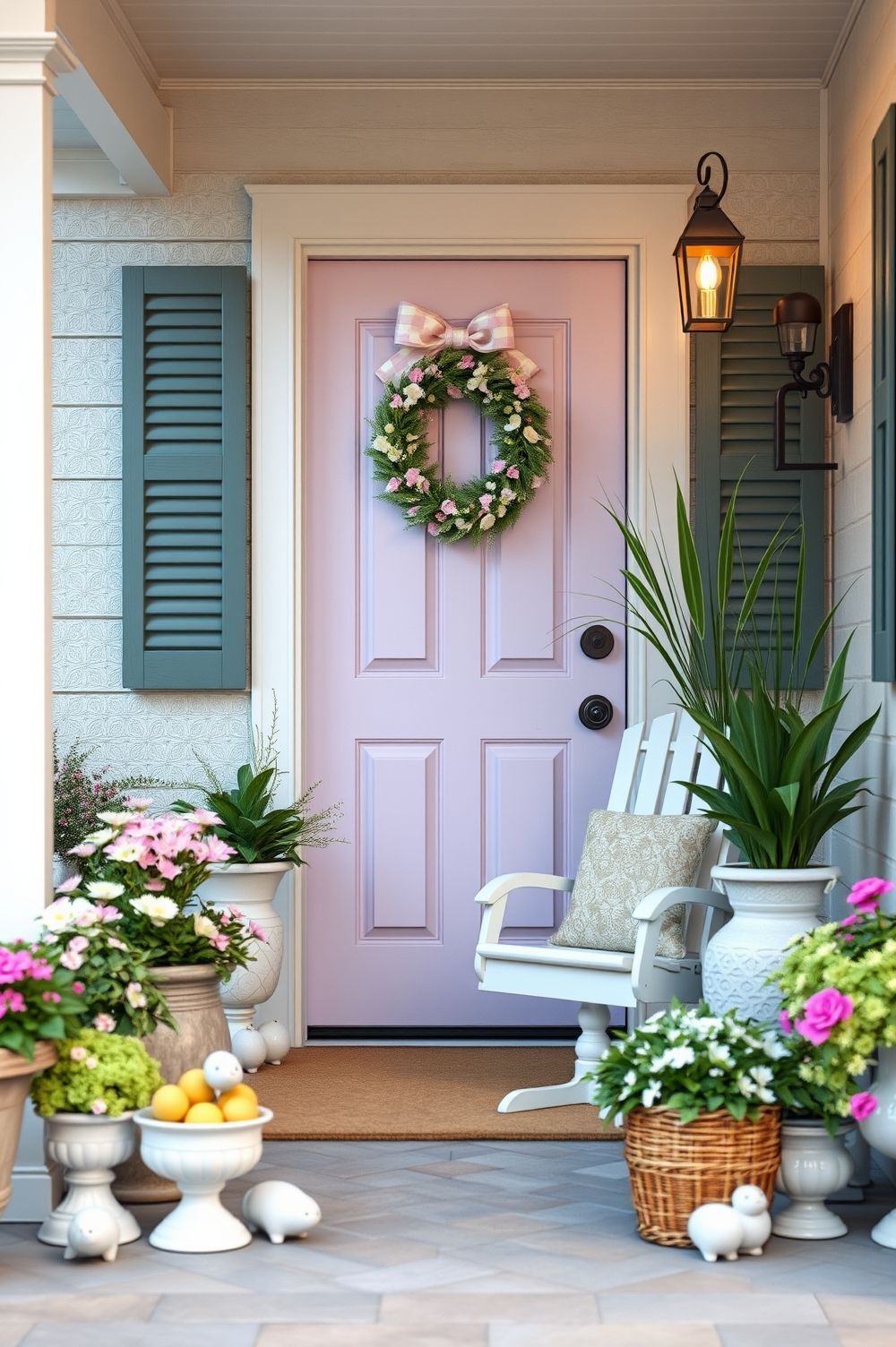 Festive Easter Porch Decor with Flowers and Greenery