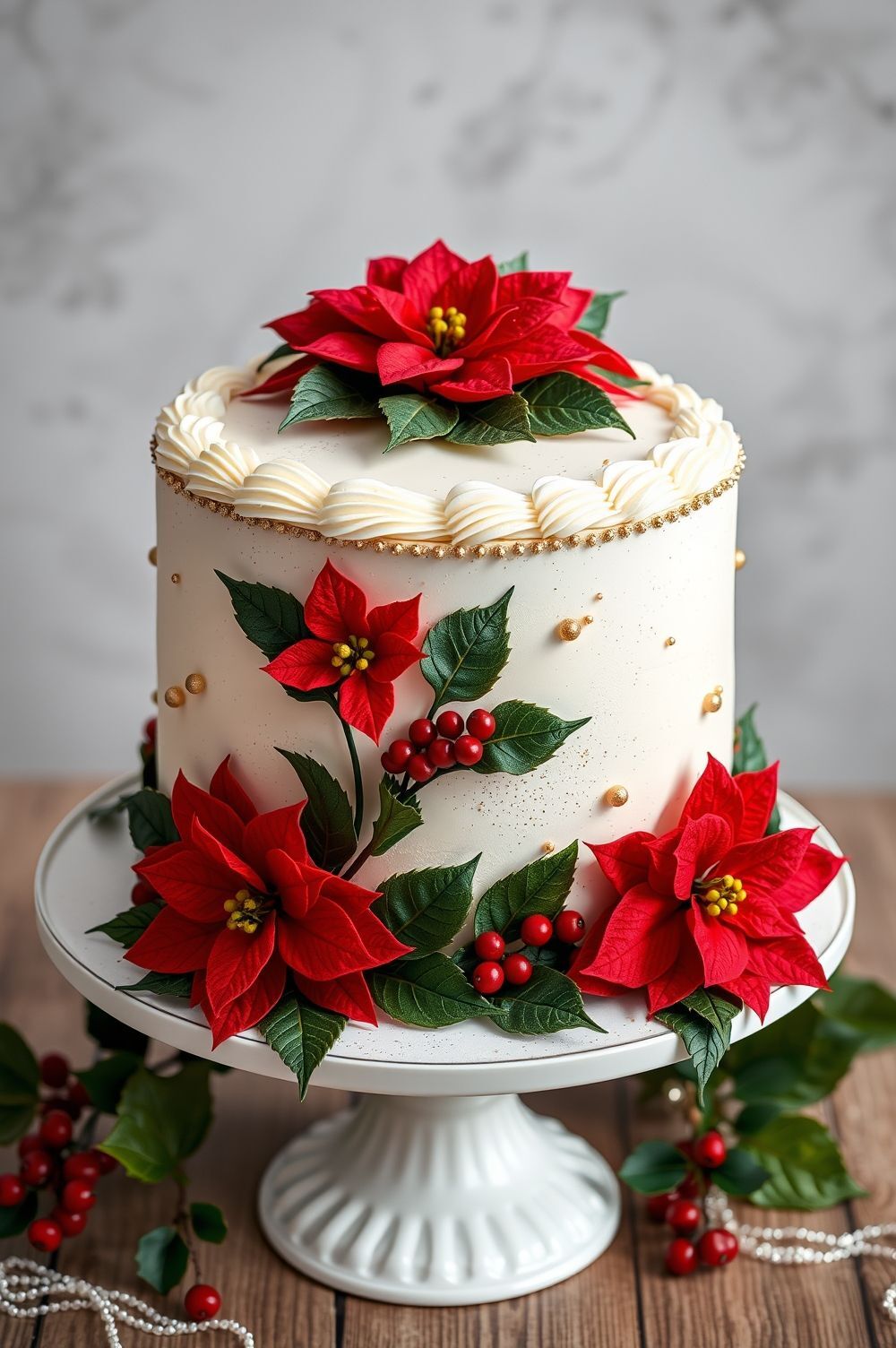 Festive Poinsettia and Holly Cake Designs