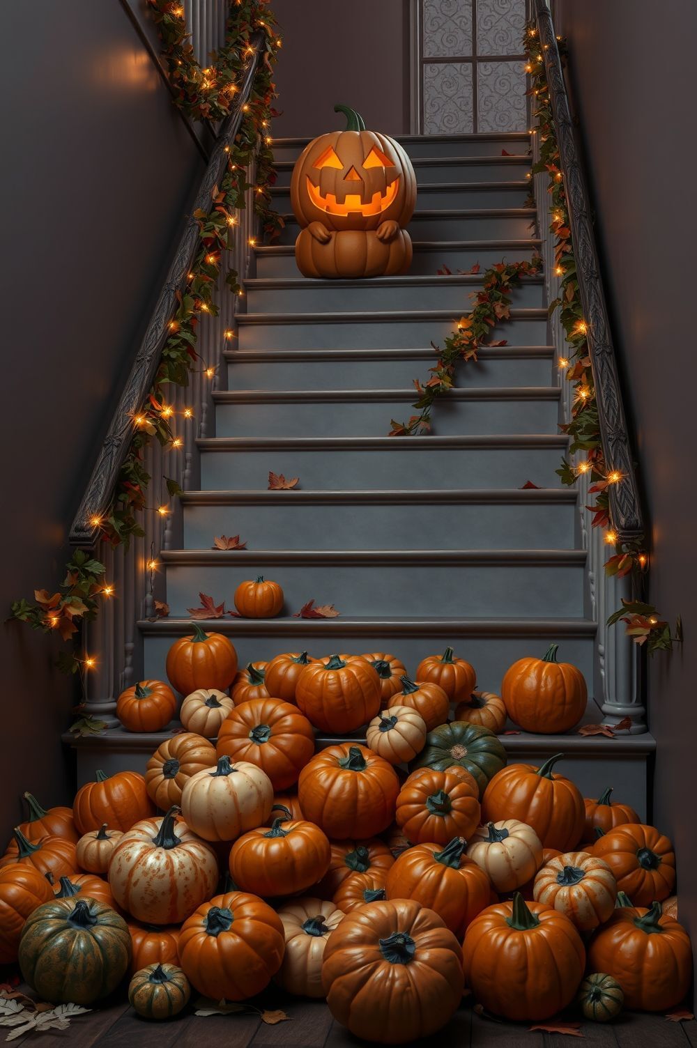 Pumpkin Pile Up for a Ghoulish Stairway