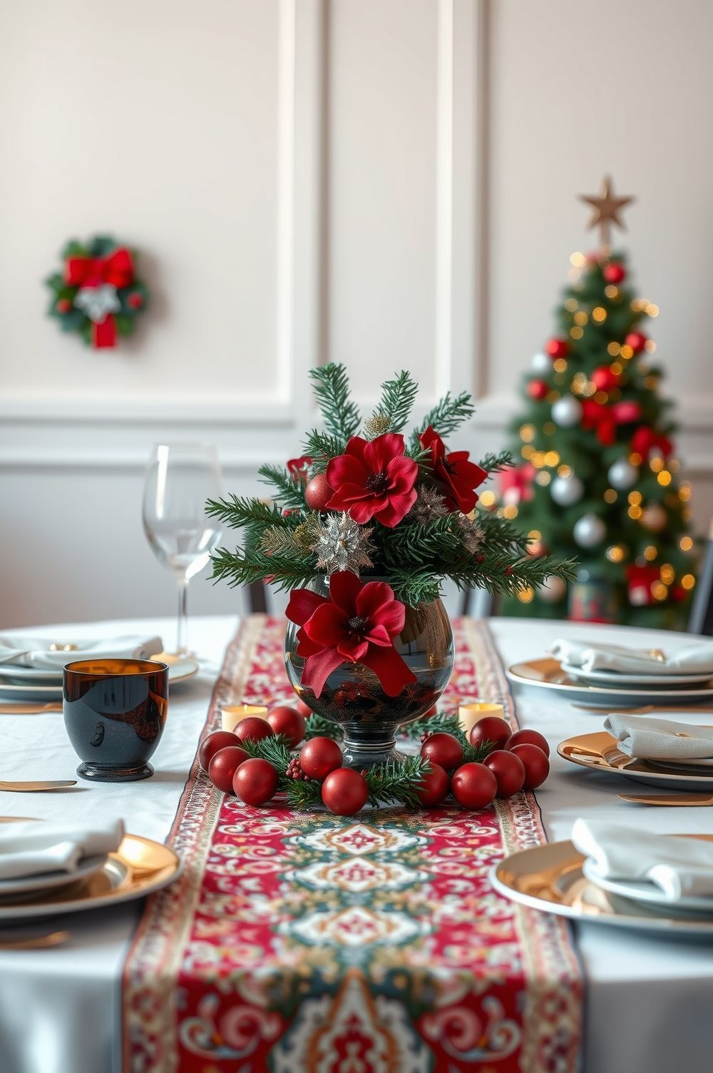 Set the Scene with a Festive Table Runner and Centerpiece for Christmas Buffet Table Decorating Ideas