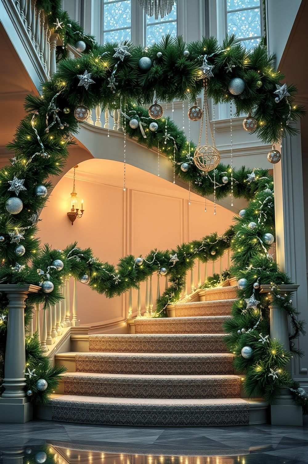 Sparkling Staircase with Garland Decorating Ideas